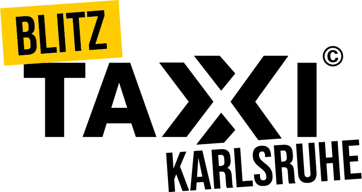 Das BLITZ TAXI KARLSRUHE Logo zeigt BLITZ in einem gelben Kasten und TAXI in großen schwarzen Buchstaben